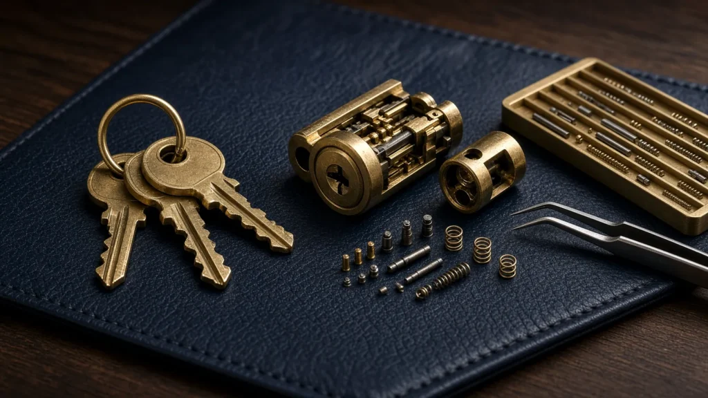 Brass keys and a lock cylinder on navy leather