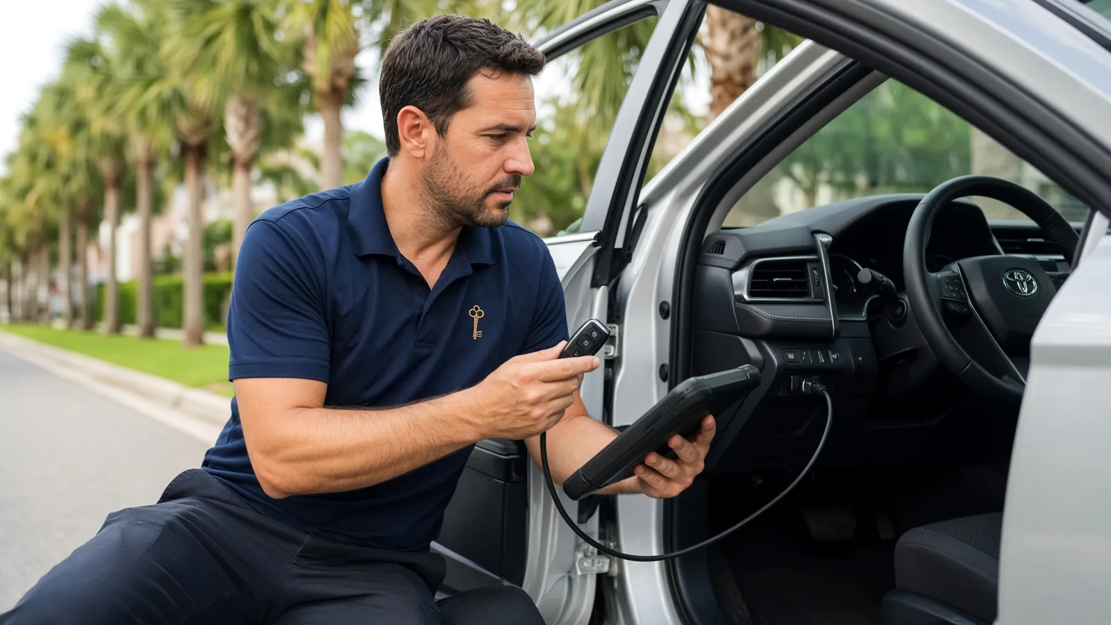 Technician programming a new car key inside a Toyota Camry
