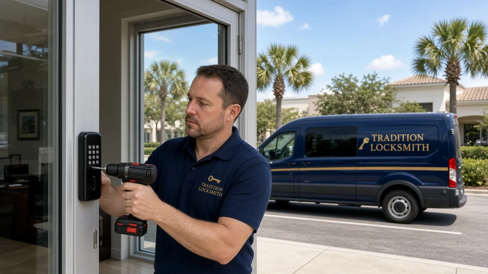 Technician installing a keypad lock on an office glass door