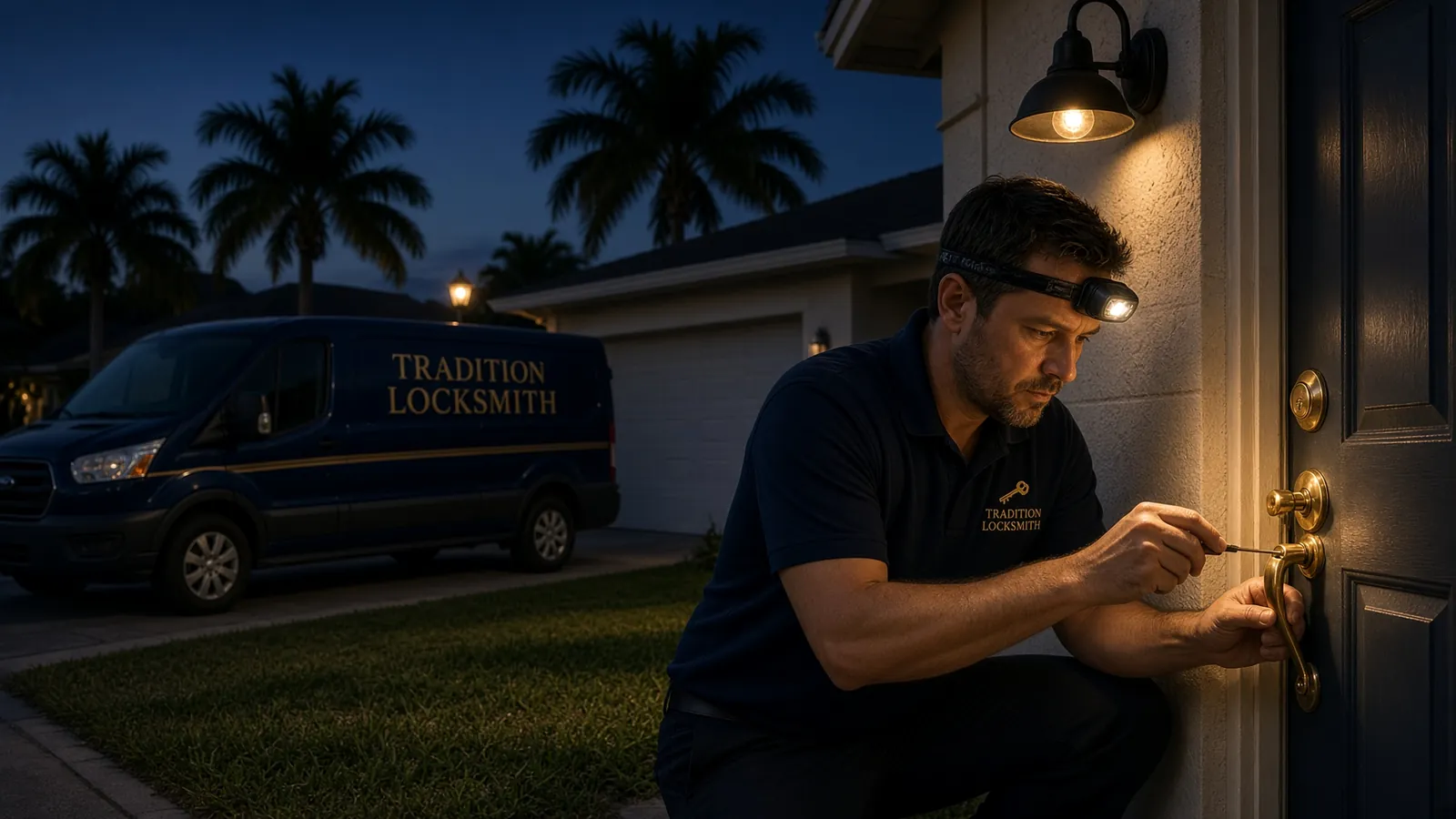 Locksmith helping a homeowner locked out at night, service van in the driveway