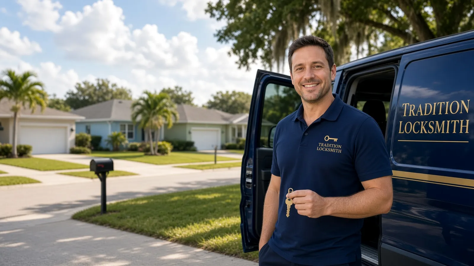 Tradition Locksmith technician beside the company van on a Port St. Lucie street