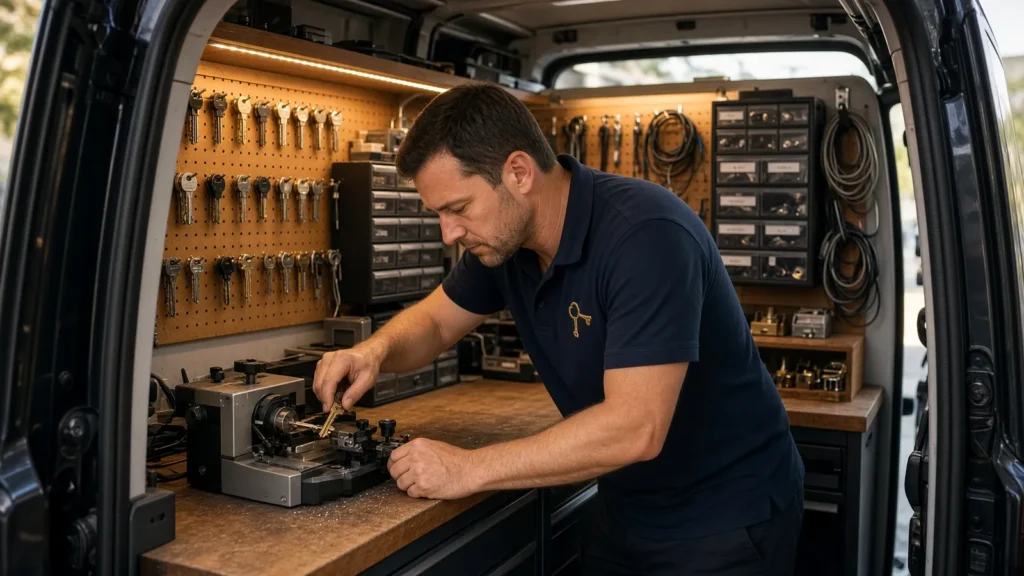 Key cutting machine inside the locksmith service van