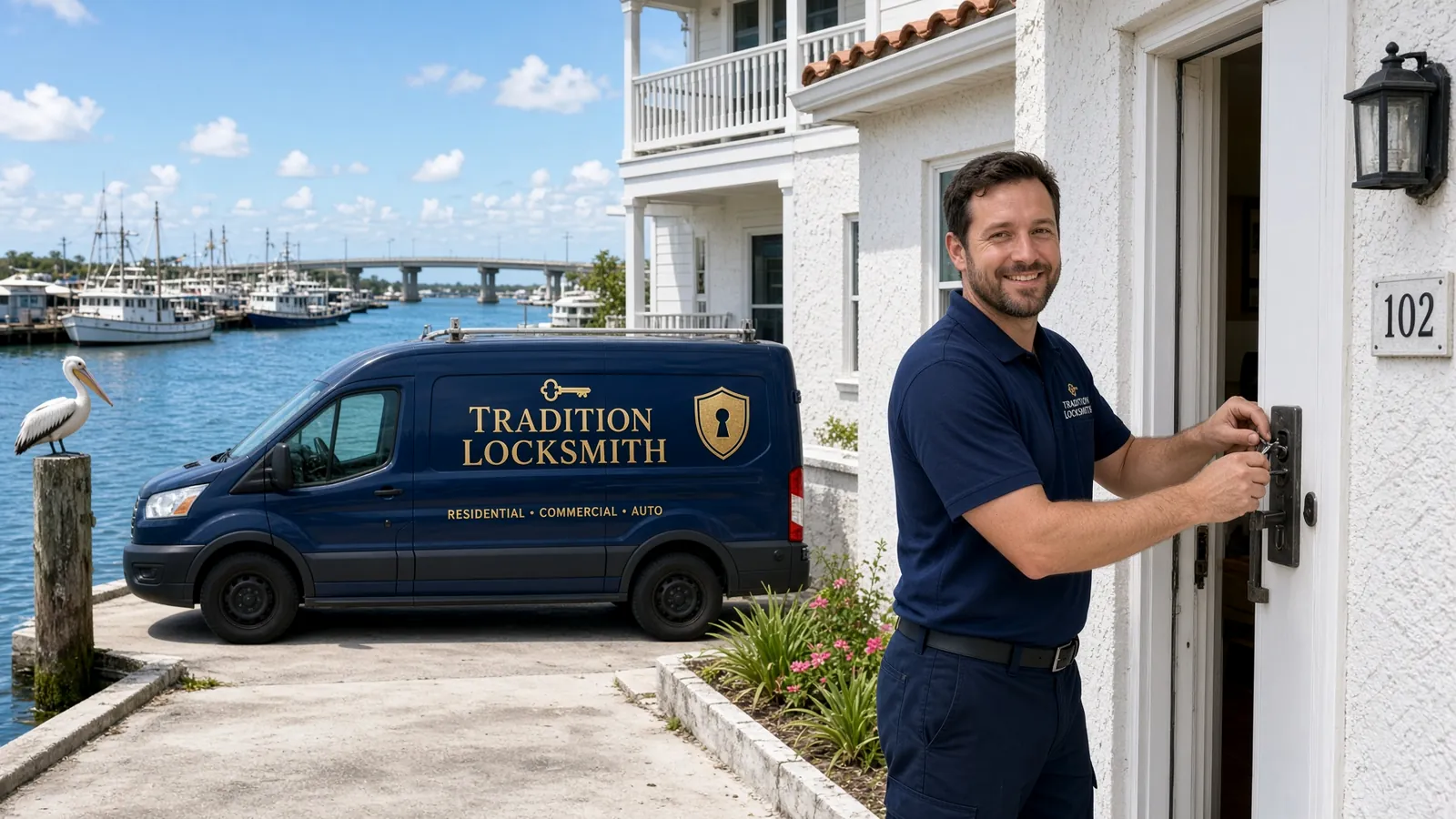 Tradition Locksmith technician and company van on a job in Fort Pierce North, Florida
