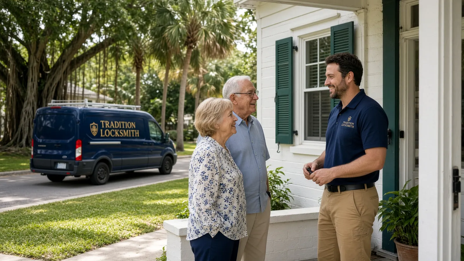 Tradition Locksmith technician and company van on a job in Hobe Sound, Florida
