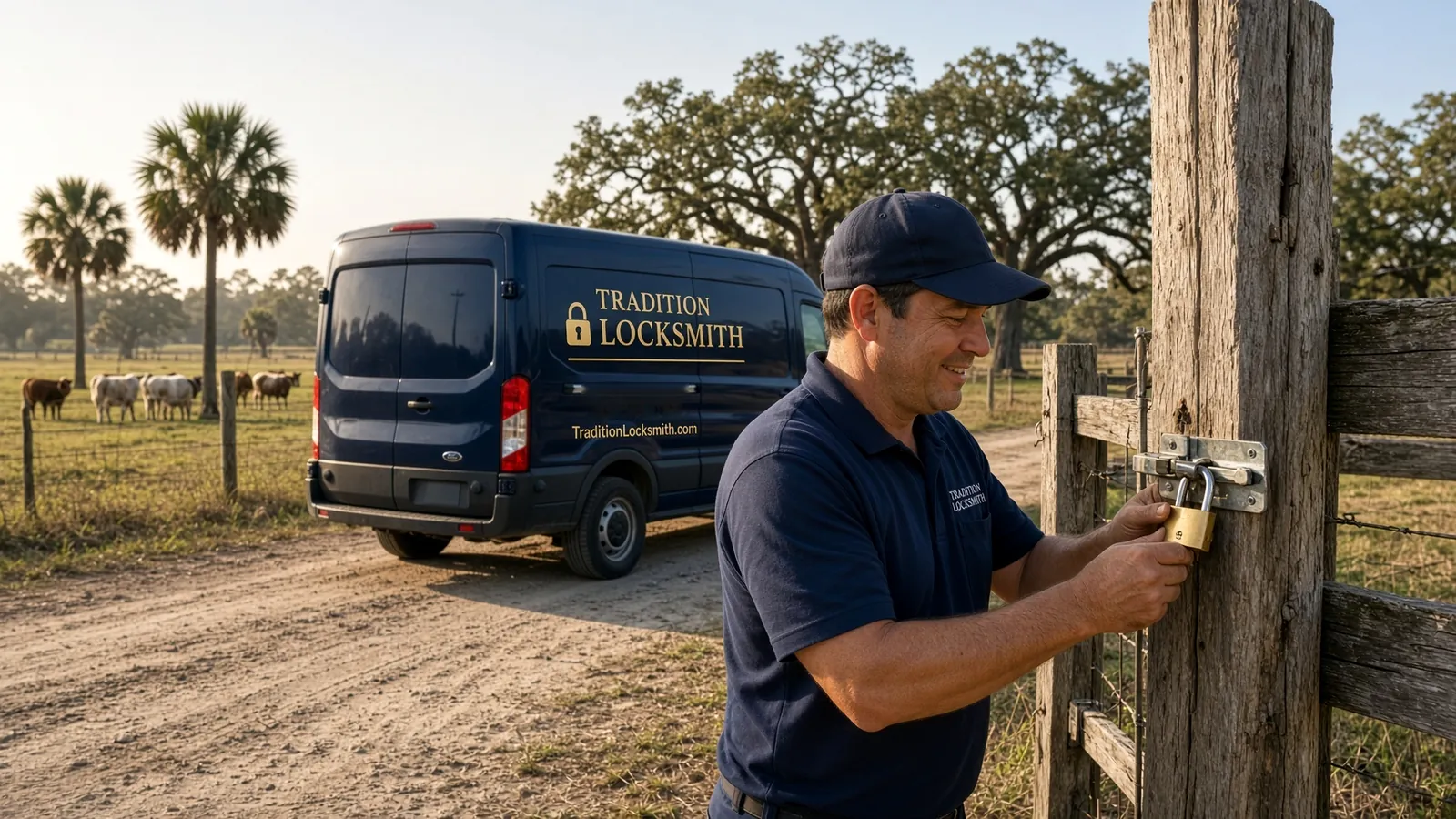 Tradition Locksmith technician and company van on a job in Indiantown, Florida