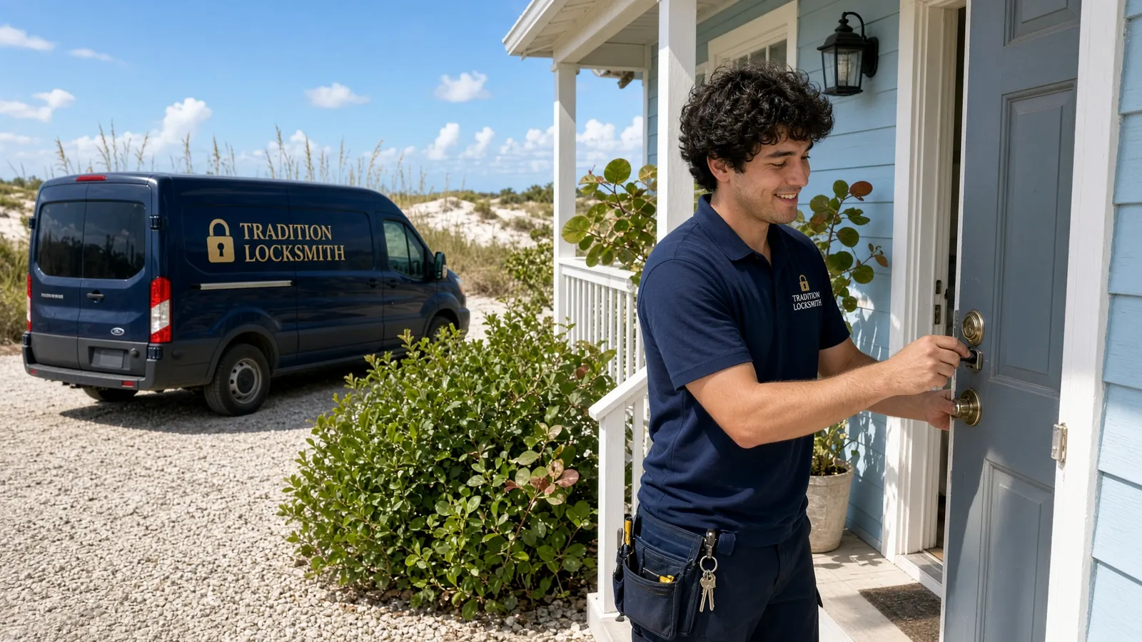 Tradition Locksmith technician and company van on a job in Jensen Beach, Florida