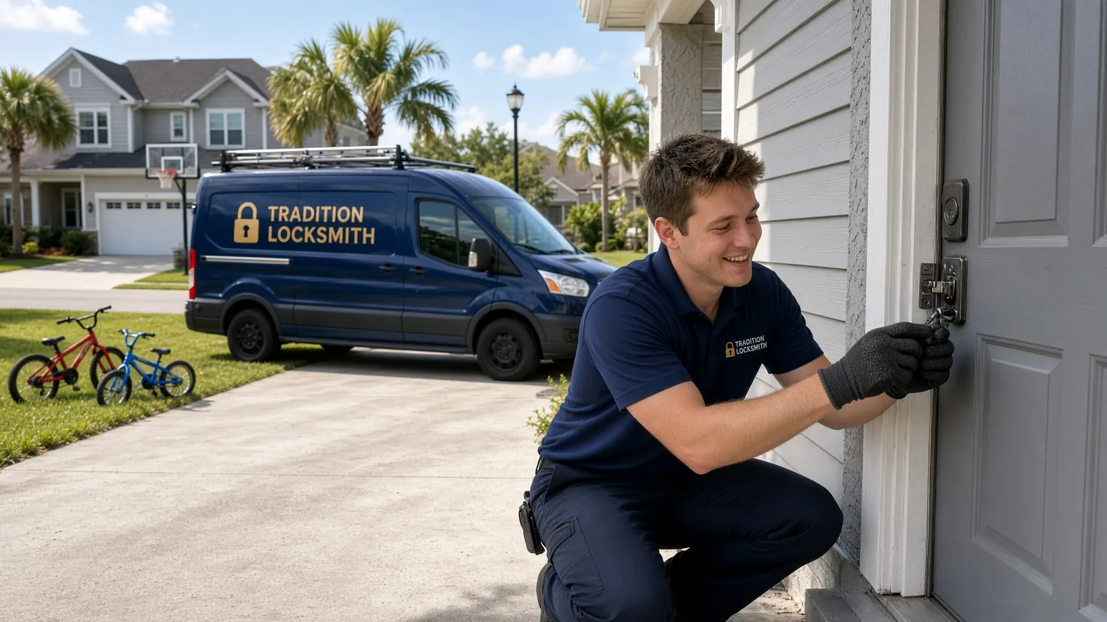 Tradition Locksmith technician and company van on a job in Lakewood Park, Florida