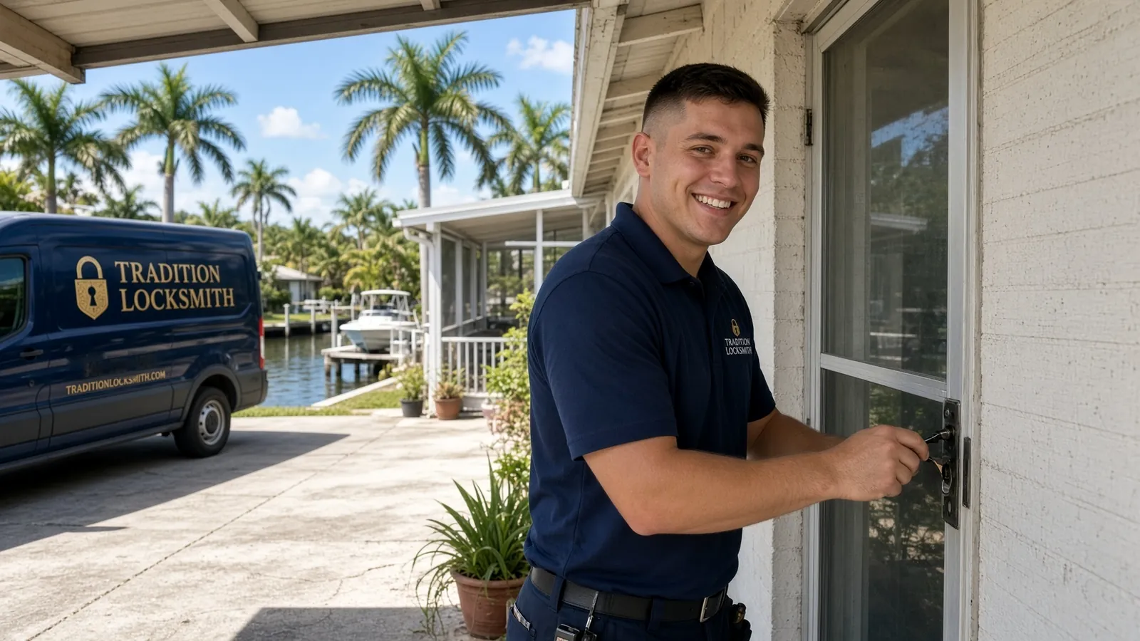 Tradition Locksmith technician and company van on a job in North River Shores, Florida