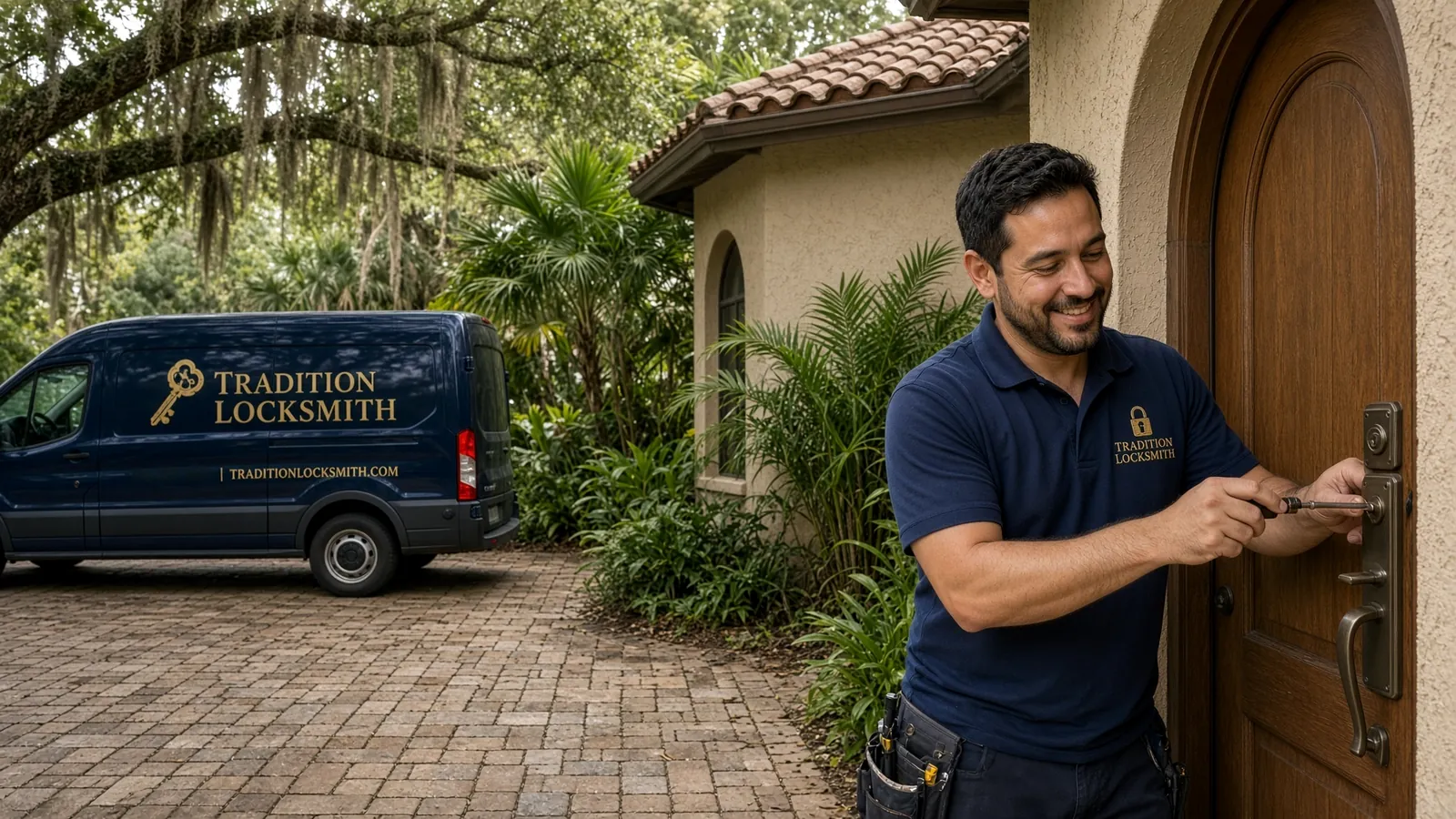 Tradition Locksmith technician and company van on a job in Palm City, Florida