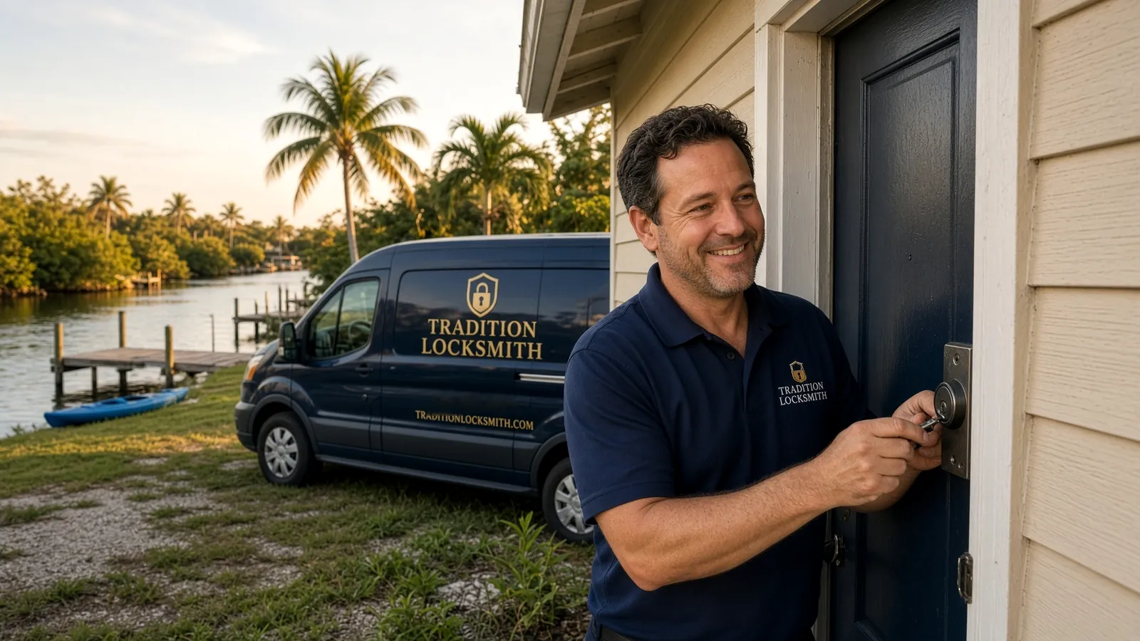 Tradition Locksmith technician and company van on a job in River Park, Florida