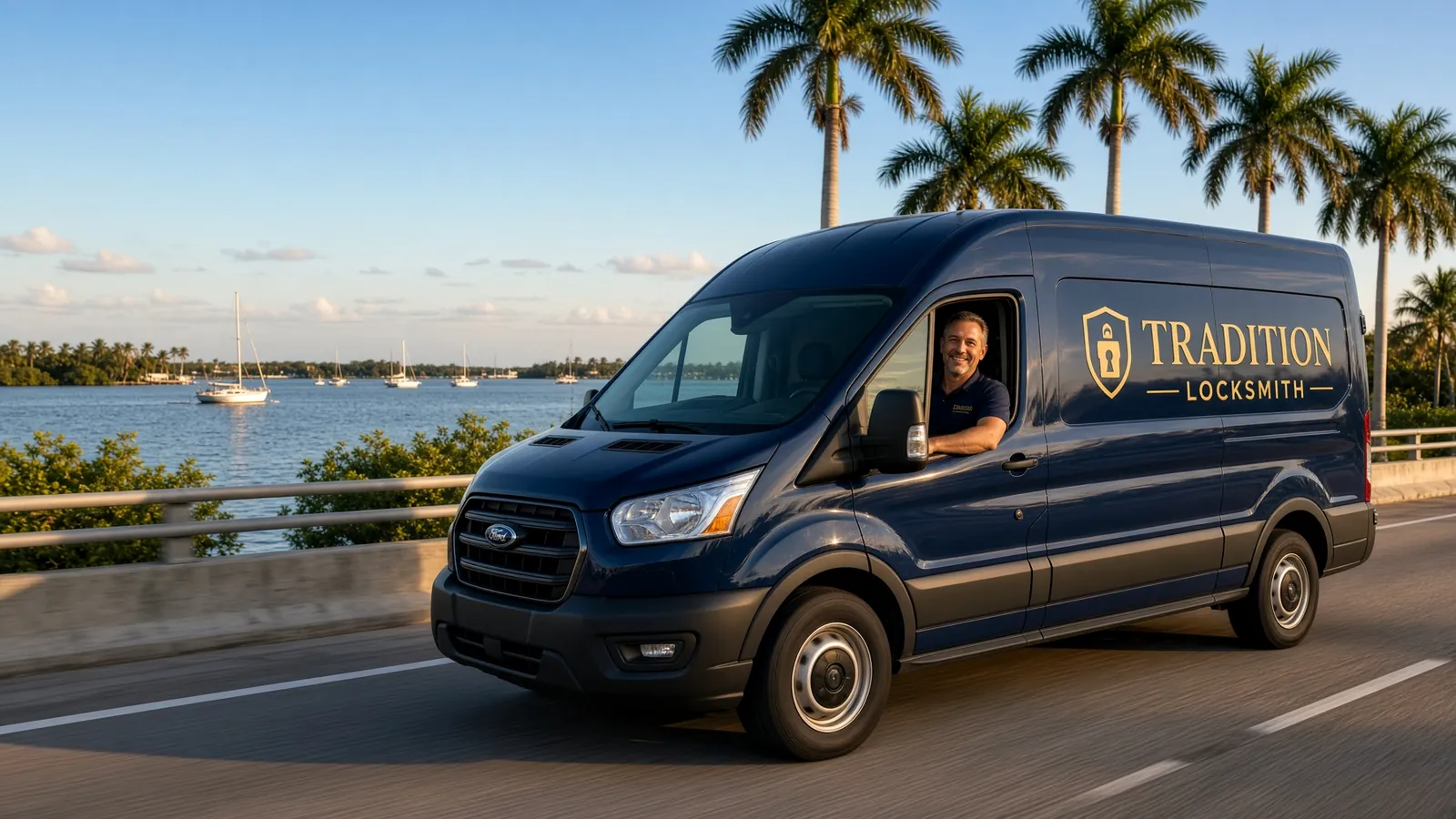 Tradition Locksmith van driving over a causeway on the Treasure Coast