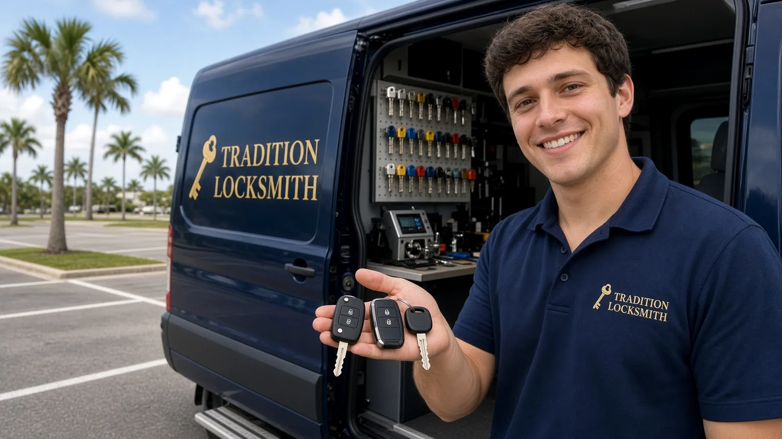 Technician holding different car keys at the open door of the Tradition Locksmith van