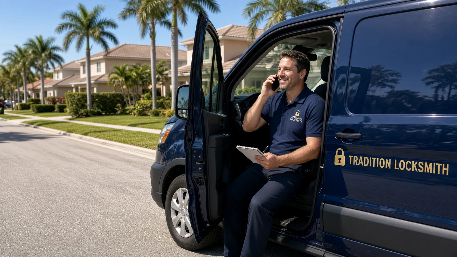 Technician taking a customer call in the open door of the Tradition Locksmith van