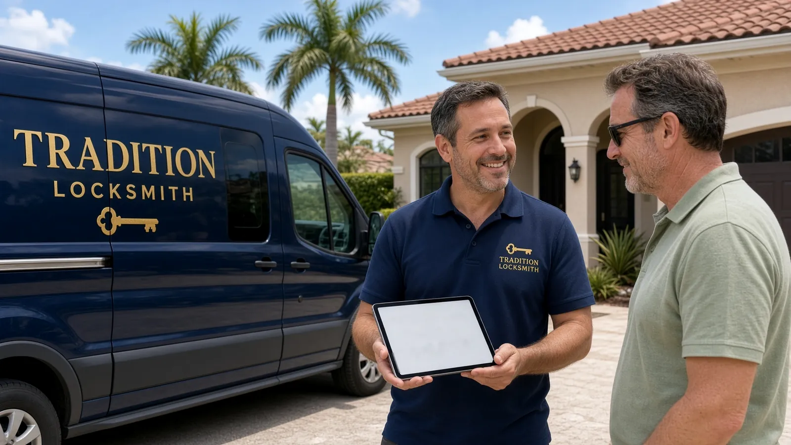 Technician going over a quote with a homeowner beside the Tradition Locksmith van