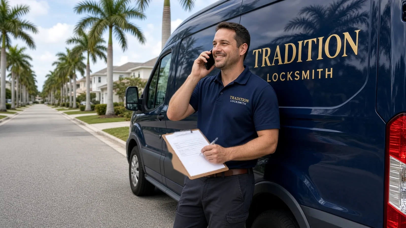 Technician quoting a price by phone beside the Tradition Locksmith van