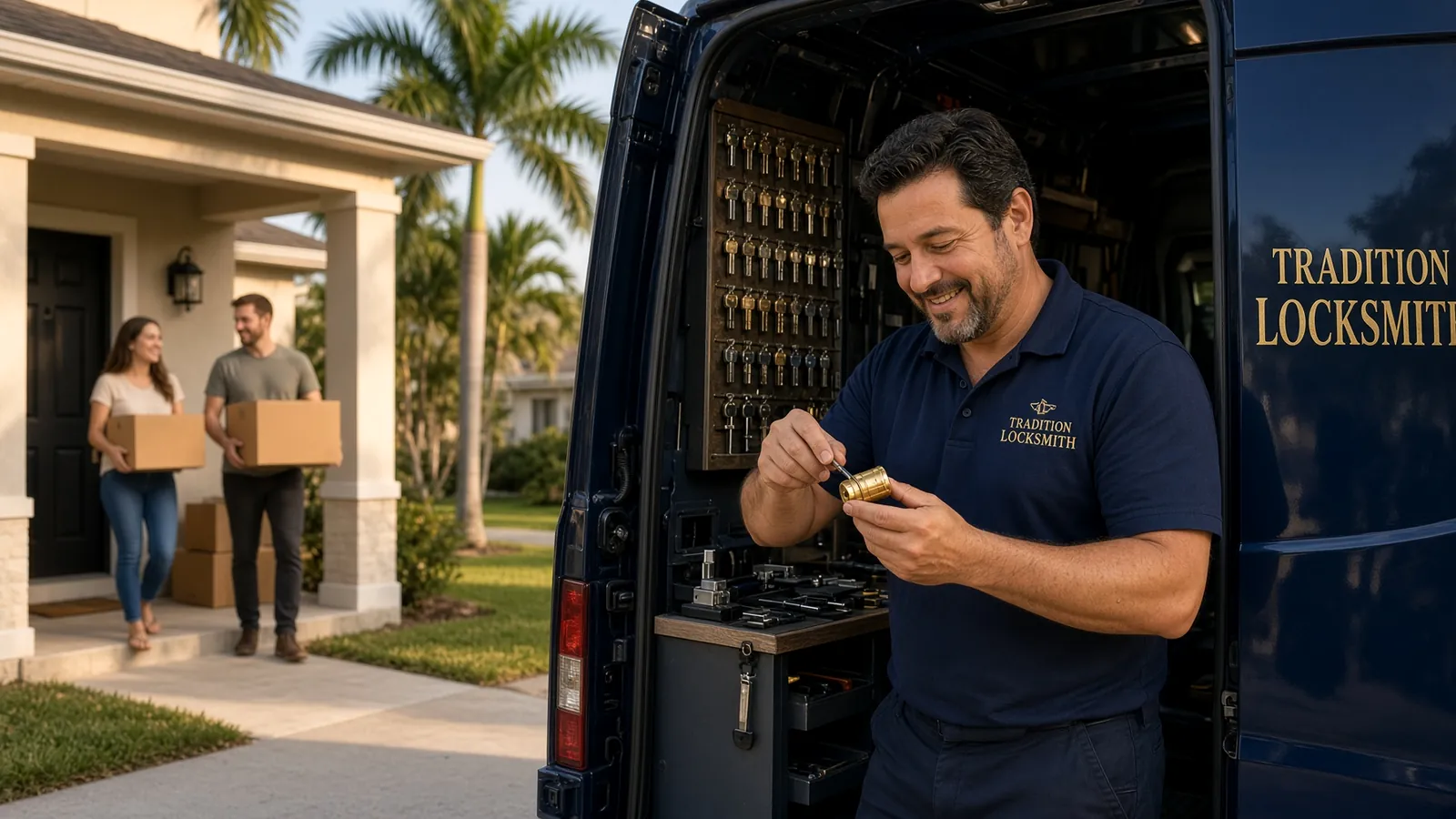 Technician rekeying a lock cylinder at the back of the Tradition Locksmith van for new homeowners