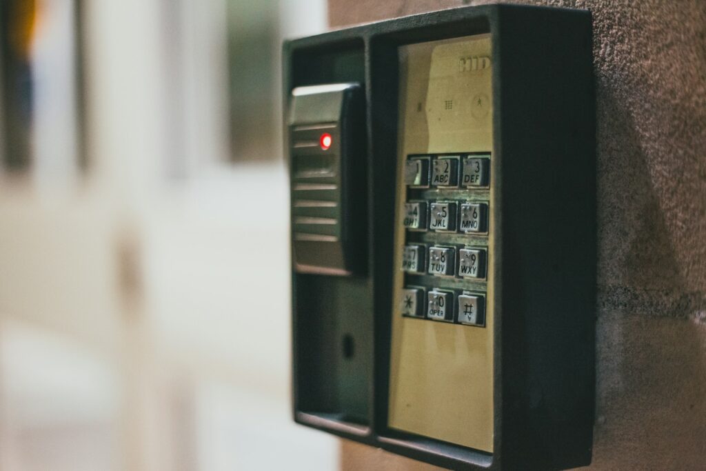 Keypad and card reader by a door