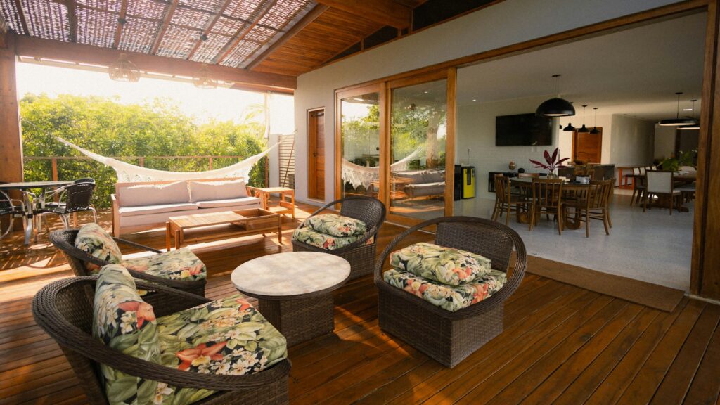 Covered patio with sliding glass doors