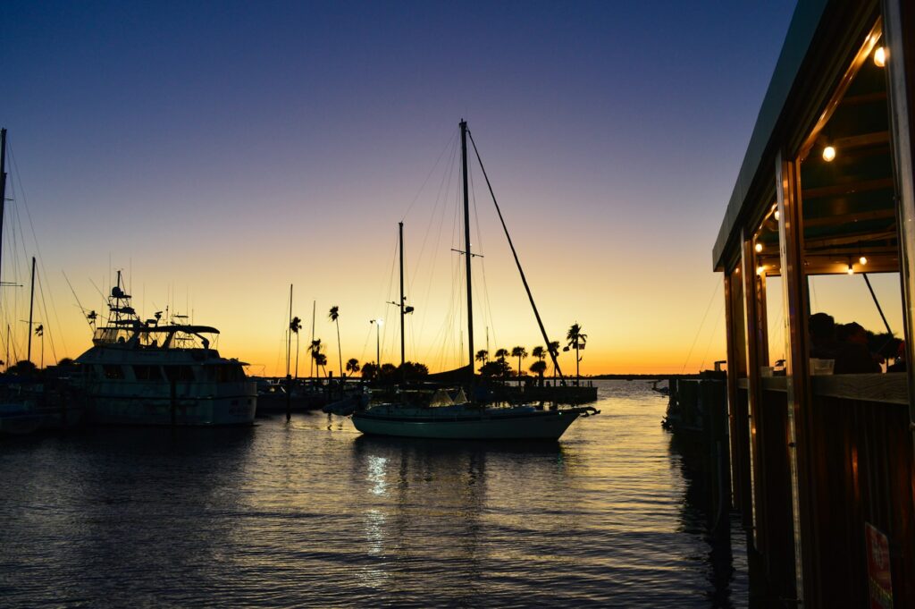 Boats in a marina at sunset