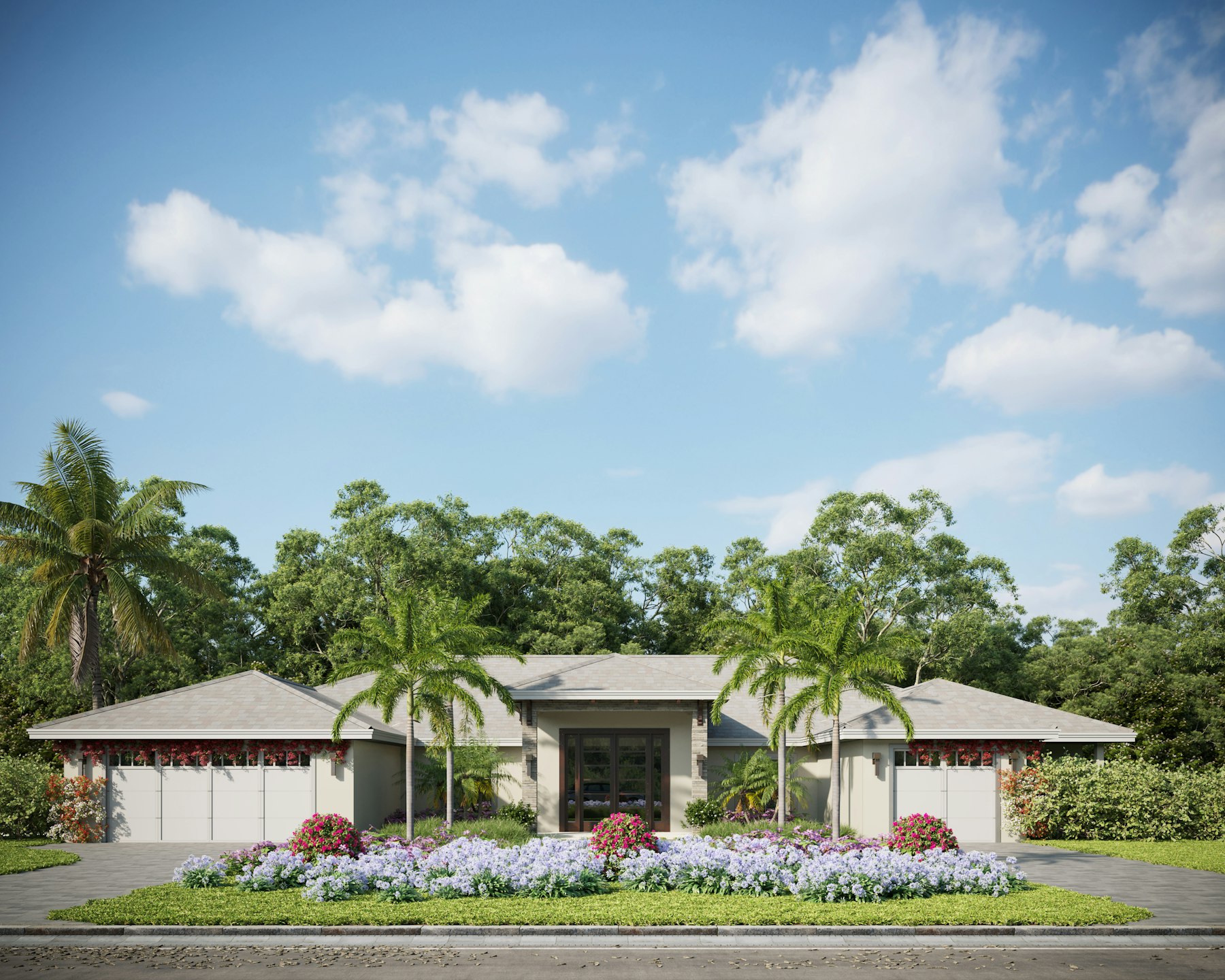 Single story Florida home with palm trees and a wide front lawn
