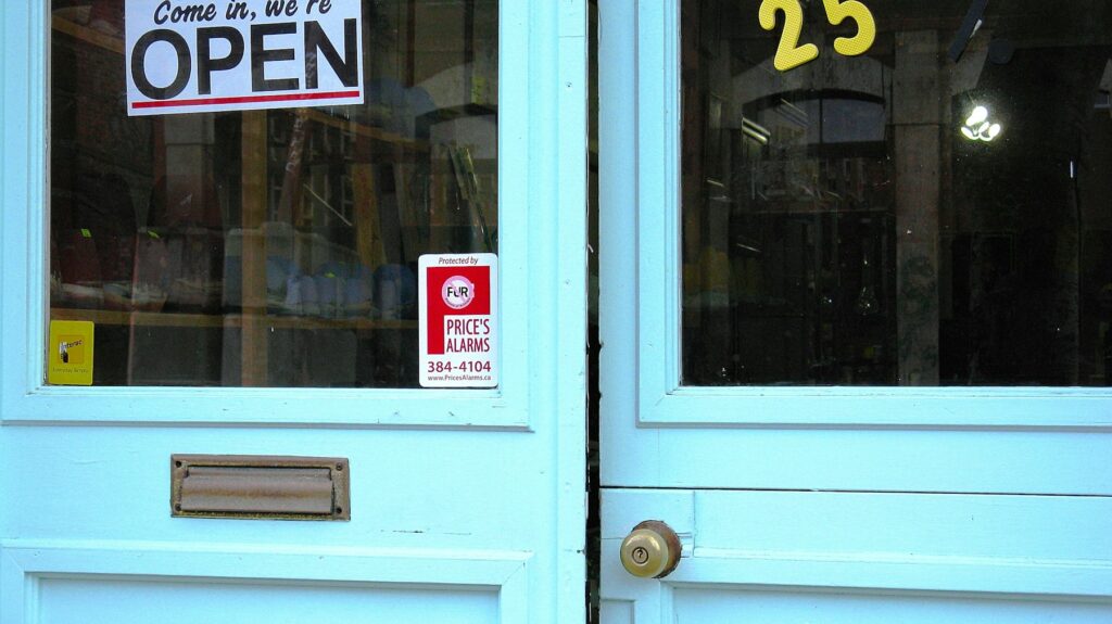 Shop door with an open sign
